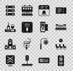 Set E-ticket train, Waiting room, Cargo wagon, Ticket office to buy tickets, Repair railway, Wine bottle with glass, Railway, railroad track and Toilet the car icon. Vector