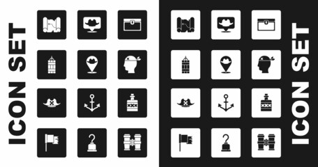 Set Antique treasure chest, Location pirate, Dynamite bomb, Pirate map, captain, Alcohol drink Rum and hat icon. Vector
