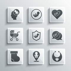 Set Baby dummy pacifier, bib, on shield, socks clothes, stroller, and inside heart icon. Vector