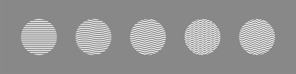 Set of Circle Shapes with White Geometric Striped Line Waves isolated on Grey Background. Flat Vector Illustration Design Template Element for Graphic Resources.