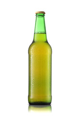 green bottle with beer in drops