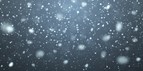 Christmas snow. Falling snowflakes on dark blue background. Snowfall. Vector illustration