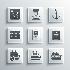 Set Cruise ship, Passport, ticket, Wave, Route location and Anchor icon. Vector