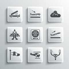 Set Helicopter, Aircraft steering helm, Plane takeoff, Attitude indicator, Cone meteorology windsock, Jet fighter, Passenger ladder and Cloud weather icon. Vector