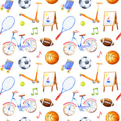 Watercolor school sport seamless pattern. Basketball, soccer, football, school equipment background