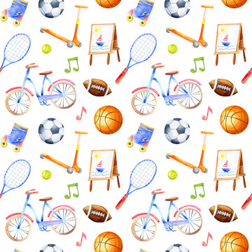 Watercolor school sport seamless pattern. Basketball, soccer, football, school equipment background