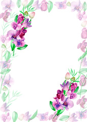 Obraz na płótnie Canvas Watercolor gold frame. An orchid wreath of hand-painted lavender leaves and orchid flowers .Lavender purple wedding design.Cute insects on the leaves.Butterfly, dragonfly, bee.Suitable for the design.