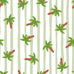 Exotic seamless doodle pattern with green random palm tree elements. Grey striped background.