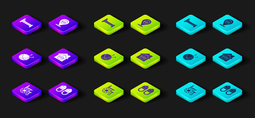 Set Wheelchair, Slippers, Yarn ball with knitting needles, Nursing home, and Bed icon. Vector