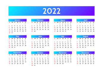 Calendar for 2022 isolated on a white background