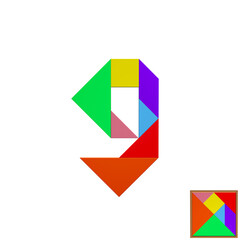 Colorful tangram puzzle with number 9 on white background，3D Rendering