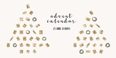 Advent calendar. Christmas presents in kraft paper and wreaths, for 25 and 31 days. Rustic gift box. Eco winter decoration. Xmas and New 2022 Year celebration preparation. Vector flat cartoon style