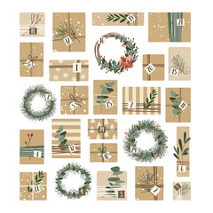 Advent calendar. Christmas presents in kraft paper and wreaths, with numbers 1 to 25. Rustic gift box. Eco decoration. Xmas and New 2022 Year celebration preparation. Vector flat cartoon illustration