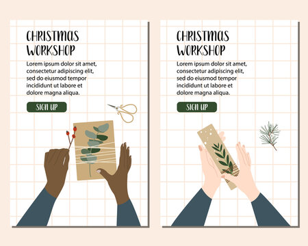 Woman packing a christmas gift, holiday workshop. Eco decoration. Presents in kraft paper. Rustic gift box. Xmas and New Year celebration preparation. Vector flat cartoon style, horizontal flyer - Powered by Adobe