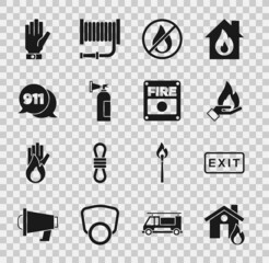 Set Fire in burning house, exit, Hand holding a fire, No, extinguisher, Telephone call 911, Firefighter gloves and alarm system icon. Vector