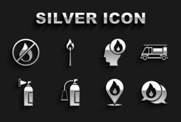 Set Fire extinguisher, truck, Telephone call 911, Location with fire flame, Firefighter, No and Burning match icon. Vector