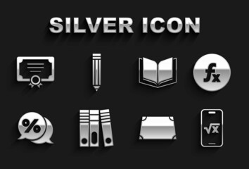 Set Office folders, Function mathematical symbol, Square root of x glyph, Acute trapezoid shape, Discount percent tag, Open book, Certificate template and Pencil icon. Vector