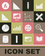 Set Open book, Crossed ruler and pencil, Pencil, Computer monitor graph chart, Angle bisector of triangle, Function mathematical symbol and Graph, schedule, diagram icon. Vector