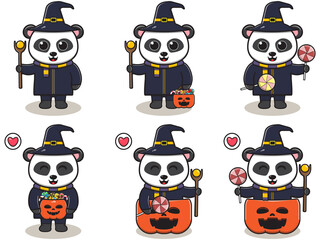 Vector illustration of cute Panda with Wizard costume. Panda character vector design. Good for label, sticker, clipart.