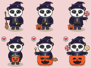 Vector illustration of cute Panda with Witch costume. Panda character vector design. Good for label, sticker, clipart.