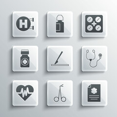 Set Medical scissors, Clinical record, Stethoscope, surgery scalpel, Heart rate, Medicine bottle and pills, Hospital signboard and Pills blister pack icon. Vector