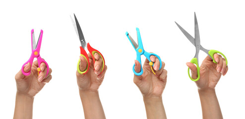 Collage with photos of women holding different scissors on white background, closeup. Banner design