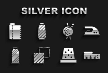 Set Textile fabric roll, Electric iron, Tape measure, Thimble for sewing, Sewing thread spool, Yarn ball with knitting needles, and icon. Vector