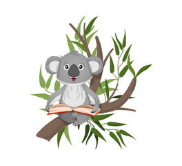 Little gray koala reads a book while sitting on eucalyptus branches. Vector ,illustration in cartoon style, flat
