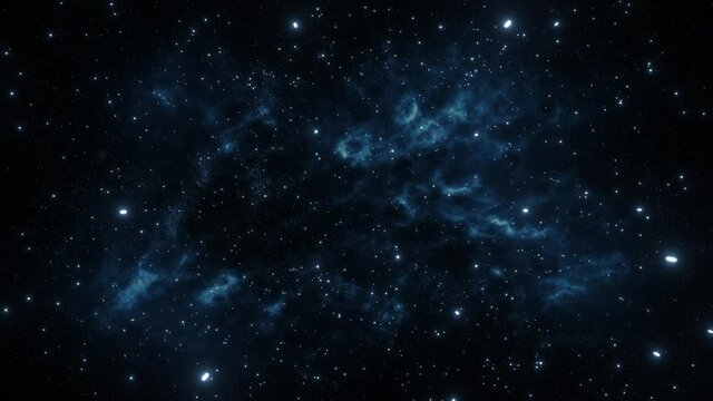 Flying in the universe through stars on a background of a blue nebula. Looping video. 3D rendering