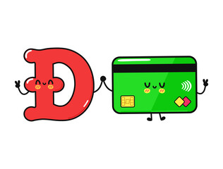 Cute, funny happy credit card and  dogecoin character. Vector hand drawn cartoon kawaii characters, illustration icon. Funny cartoon credit card and dogecoin friends concept