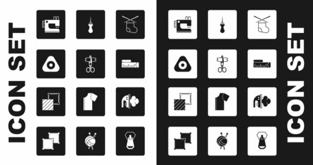 Set Knitting needles, Scissors, Sewing chalk, machine, Tape measure, Awl tool, Electric iron and Textile fabric roll icon. Vector