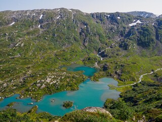 View to beautiful lakes from Reinanuten view point in Norway