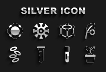 Set Test tube and flask, Leaf or leaves, Plant in pot, Hemoglobin, Molecule, and Bacteria icon. Vector