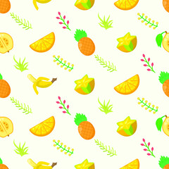 Seamless Pattern Abstract Elements Fruits Food With Leaves Vector Design Style Background Illustration Texture For Prints Textiles, Clothing, Gift Wrap, Wallpaper, Pastel