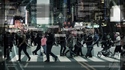 Anonymous People Walking on Busy Urban City Streets. Big Data Analysis.
Computer Interface Showing Data of Crowd. Surveillance Footage, Face Recognition.
 - Powered by Adobe