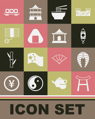 Set Japan Gate, Fish steak, Chinese paper lantern, Asian noodles bowl, Sushi, Firework, on cutting board and house icon. Vector