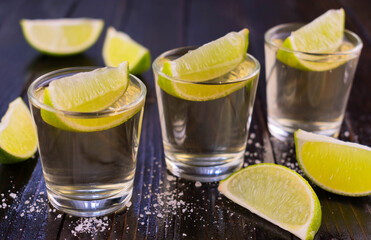 Small glasses of Mexican tequila with lime and salt.
Close-up.