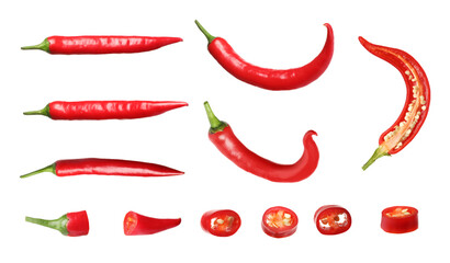 Set with red chili peppers on white background