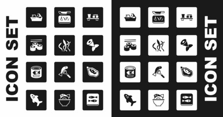 Set Sushi on cutting board, Seaweed, Fishing boat, tail, Cutting and knife, Mussel and Canned fish icon. Vector