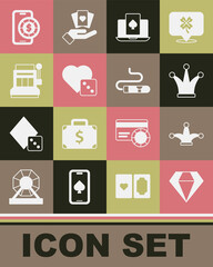 Set Diamond, Joker playing card, Online poker table game, Game dice, Slot machine, and Cigar icon. Vector