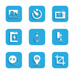 Set Dust blower, Photo camera, Picture crop photo, Softbox light, fx, Battery for, Graphic tablet and frame icon. Vector