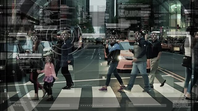 Computer Interface Showing Data of Anonymous Crowd. Surveillance Footage, Face Recognition.
People Walking on Busy Urban City Streets. Big Data Analysis.