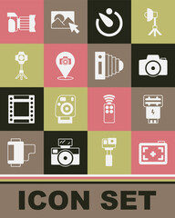 Set Photo camera, flash, Camera timer, Softbox light, and icon. Vector