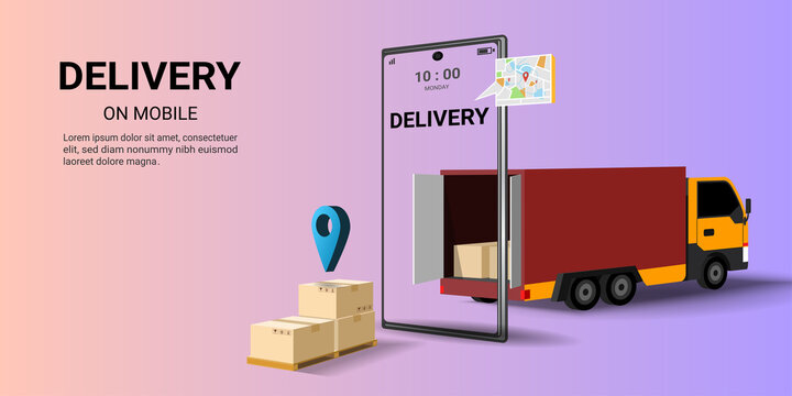 Online logistic delivery on mobile by truck shipping, Global transportation. Delivery home and office. 
warehouse, parcel box, truck, forklift, courier. web page, website, banner. 3D Vector