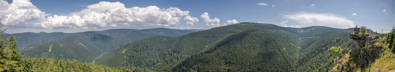 panoramic views of wooded ridges and mountain valleys