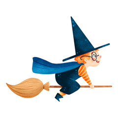 Illustration of cute cartoon halloween wizard boy on broomstick isolated on white background