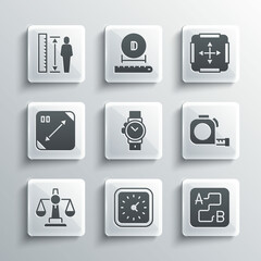 Set Clock, Route location, Roulette construction, Wrist watch, Scales of justice, Diagonal measuring, Measuring height body and Area measurement icon. Vector