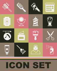 Set Spray can for hairspray, Scissors hairdresser, Shaving brush, Electrical clipper, Round makeup mirror, Blade razor, Hairbrush and Barber shop pole icon. Vector