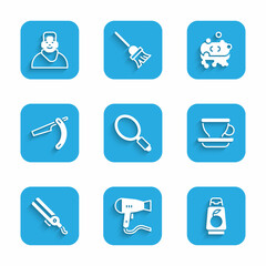 Set Hand mirror, Hair dryer, Bottle of shampoo, Coffee cup, Curling iron, Straight razor, Bar soap with foam and Client barbershop icon. Vector