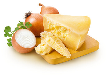 Queijo parmesão e cebolas em tábua de madeira sobre superfície branca